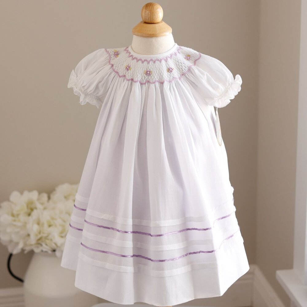White Smocked Bishop Dress Lavender Purple Trim Will"Beth 3/6 Months NWT
